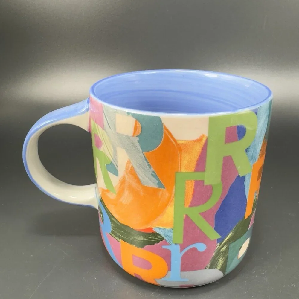 Anthropologie Monogram R Multiple Rs Colorful Ceramic Mug Cup Blue Inside‎ Mug